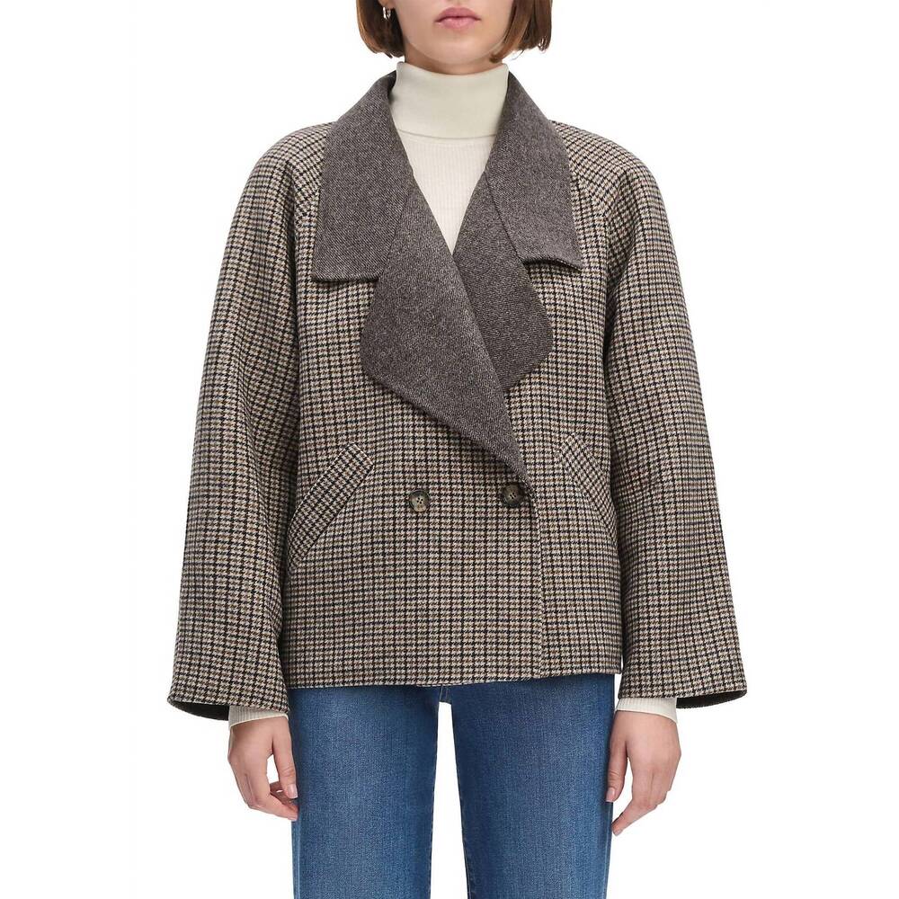 Favorite Daughter Brown and Gray Houndstooth Double-Breasted Wool Blend Blazer